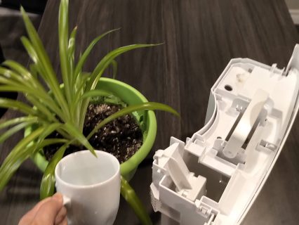 Woman using water from a dehumidifier to water office plants.
