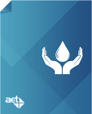 Blue page with AET logo and two hands holding a water drop.