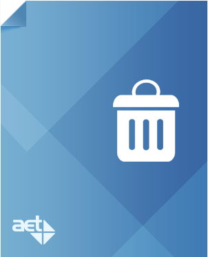 Blue page with AET logo and white garbage can.