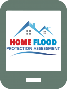 Tablet with Home Flood Protection Assessment logo on screen.