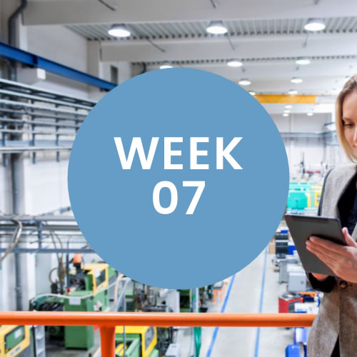 Woman looking at checklist in warehouse. A blue circle with "Week 07" is in center of photo.