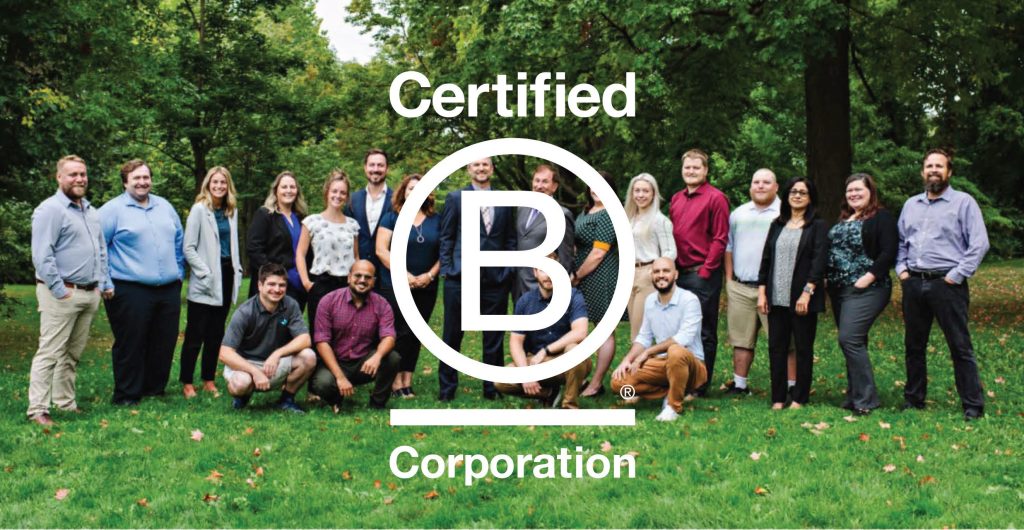 B Corp logo over team photo