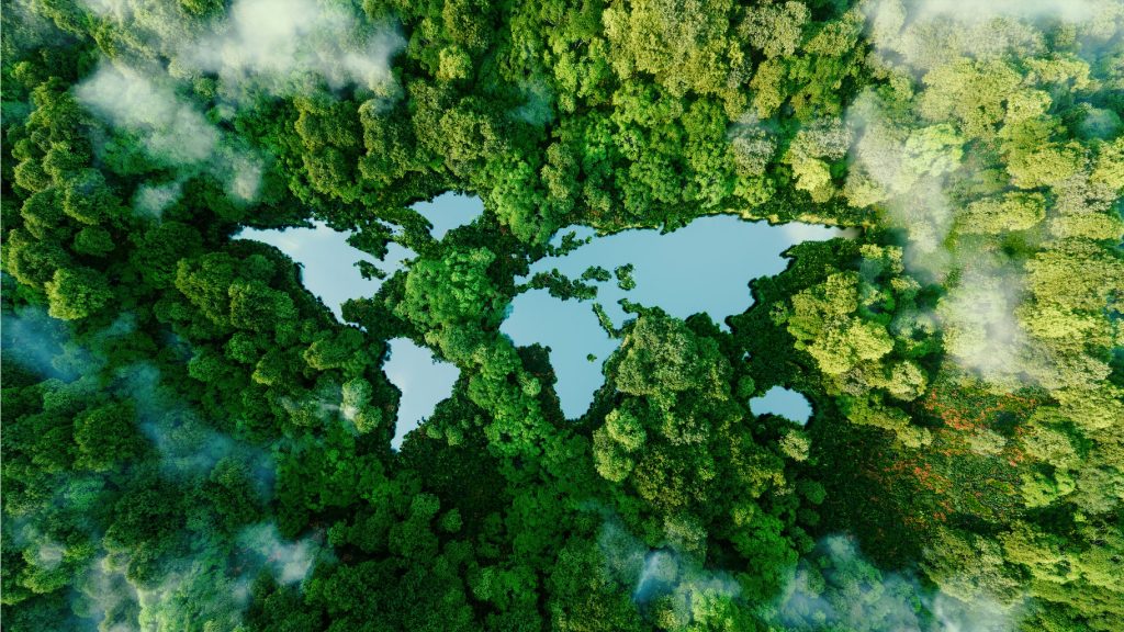 Arial photo of a forest with a map of the world cut out and made out of lakes