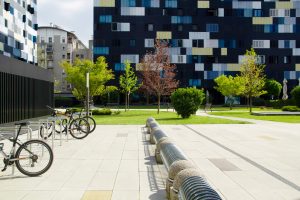 iStock-1480726944 Building with bike parking behind it